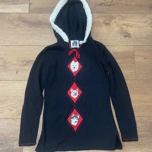 Storybook Knits Northern Friends Husky Samoyed XS S Black and Red Sweater Hoodie